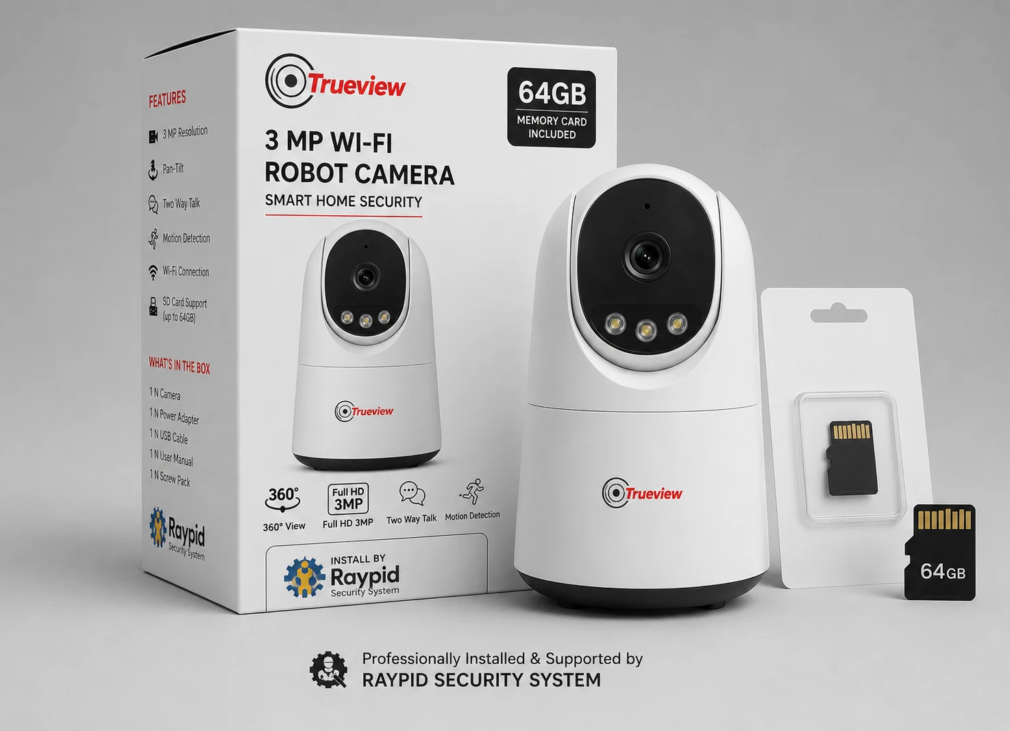 Trueview 3 MP WIFi Robot PT Indoor Camera + 64 GB Mem Card