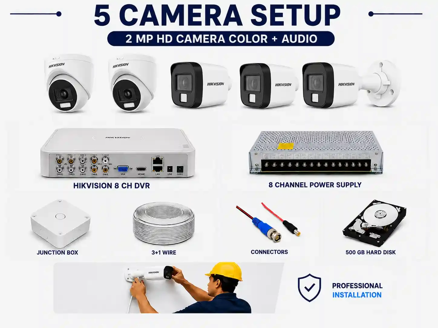 HIKVISION 2 MP HD 5 CAMERA SETUP COLOR + AUDIO