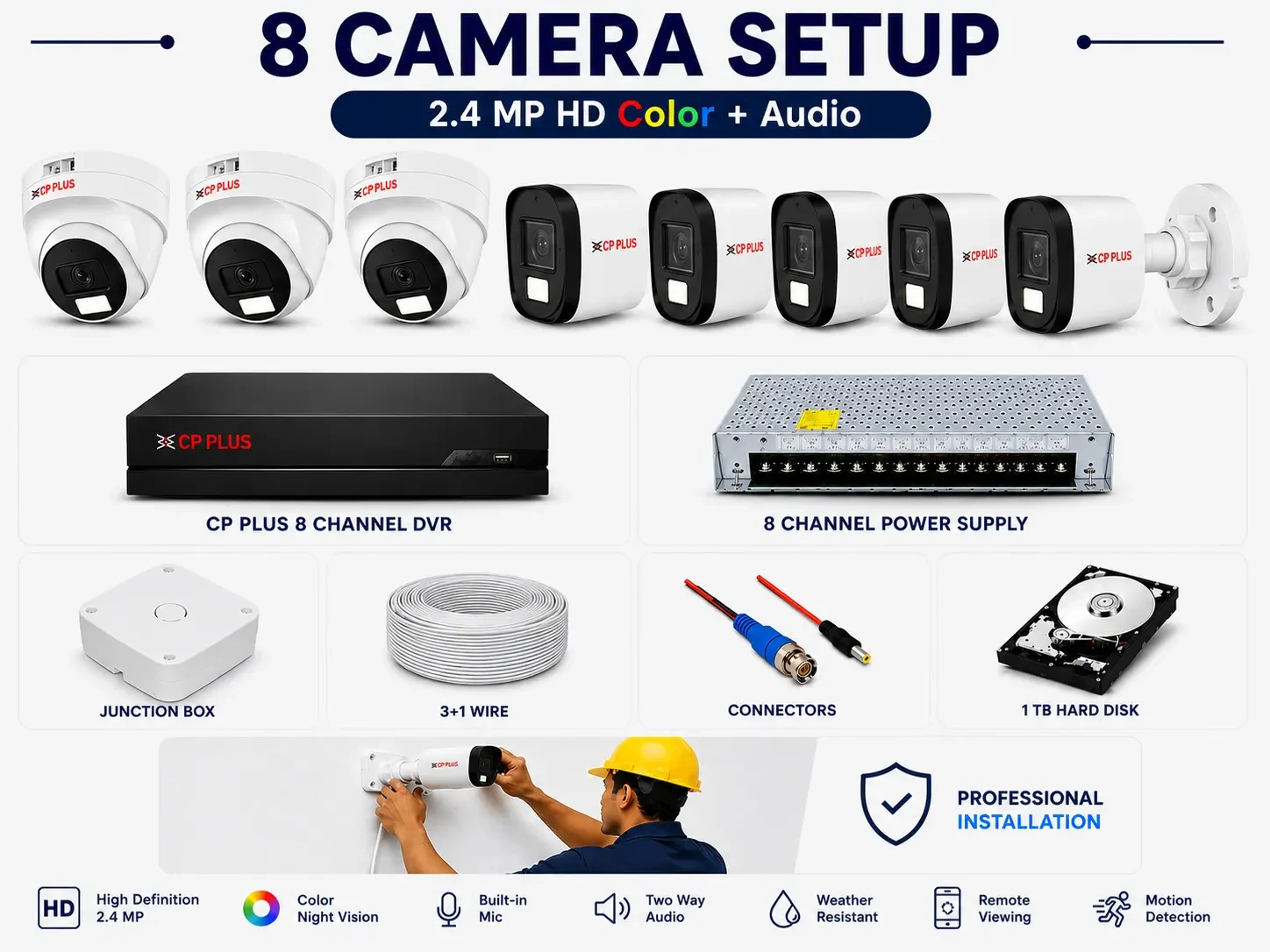 CP PLUS 2.4  MP HD 8 CAMERA SETUP COLOR NIGHT + AUDIO